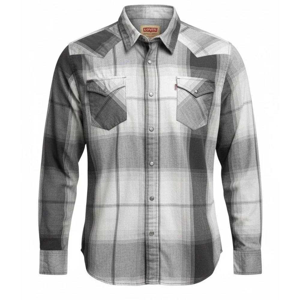 Levi's Shirt‎ Mens XXXL Grey Plaid Western Snap Front Long Sleeve Pearl Snap